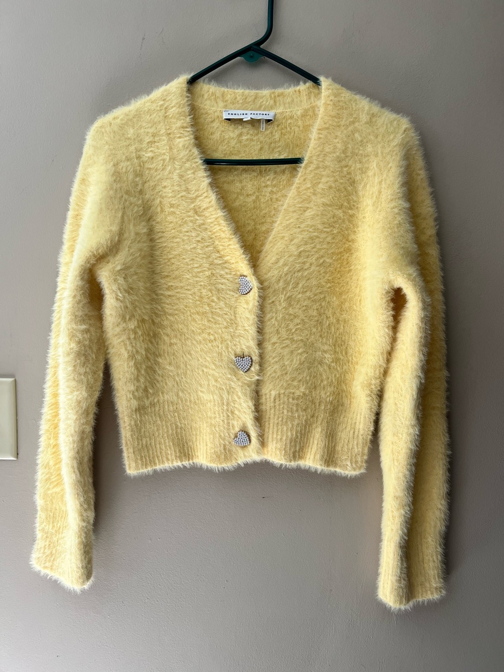 English Factory Pearly Heart Button fuzzy yellow v neck cardigan. Size M